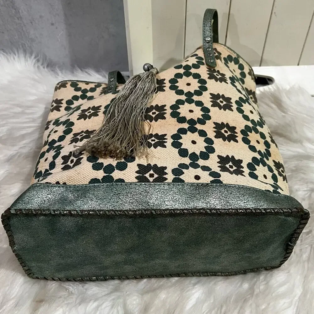 NEW Moroccan Boho Canvas Vegan Leather Whipstitched Sage Tan Tote Shoulder Bag